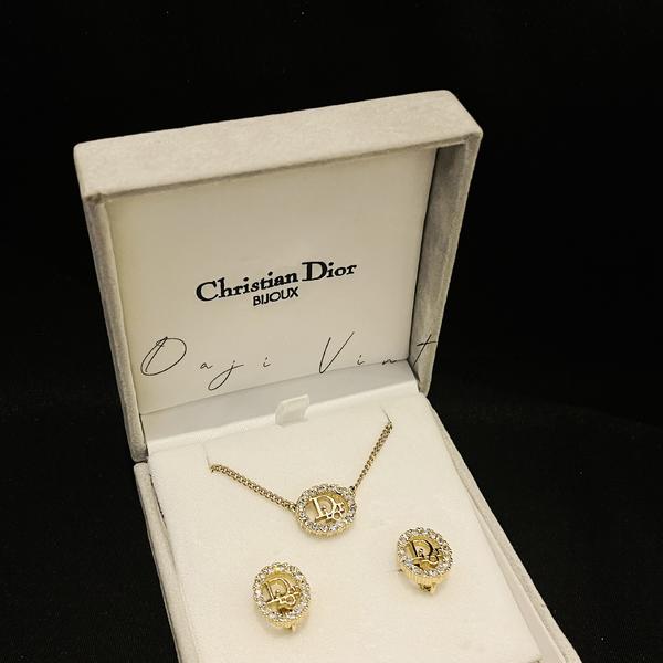 大吉中古/Dior logo满钻项链耳夹套组