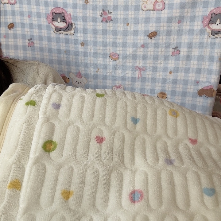 棉棉蓝格猫牛奶绒床盖四件套标 