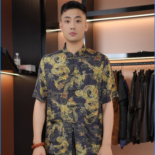 重磅香云纱金龙男夏季短袖真丝桑蚕丝绸上衣中式男装中国风