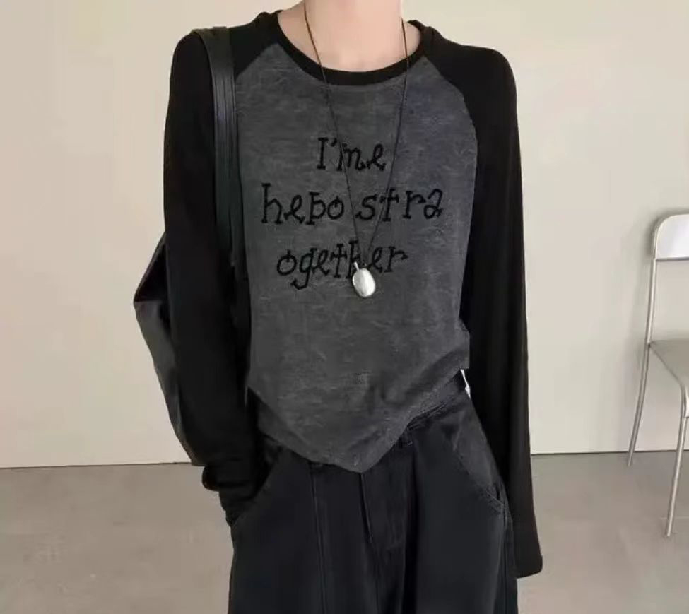 高品质【羊毛巨柔软舒适】植绒字母修身显瘦圆领撞色长袖打底上衣女