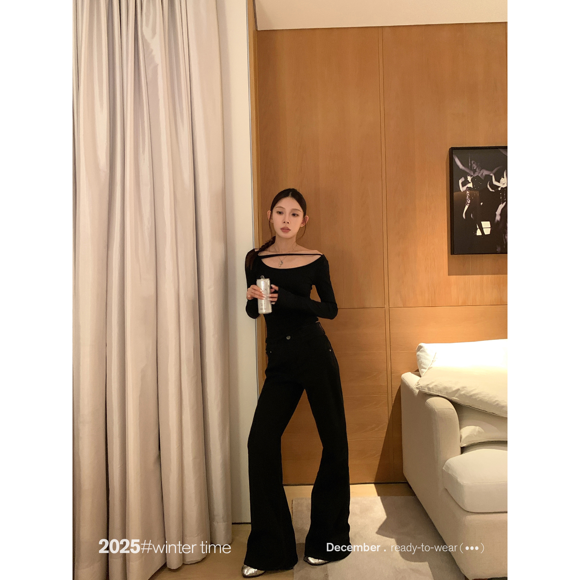 SUNONEONE 黑色低腰修身显瘦微喇加绒牛仔裤女冬季休闲裤子H1632K