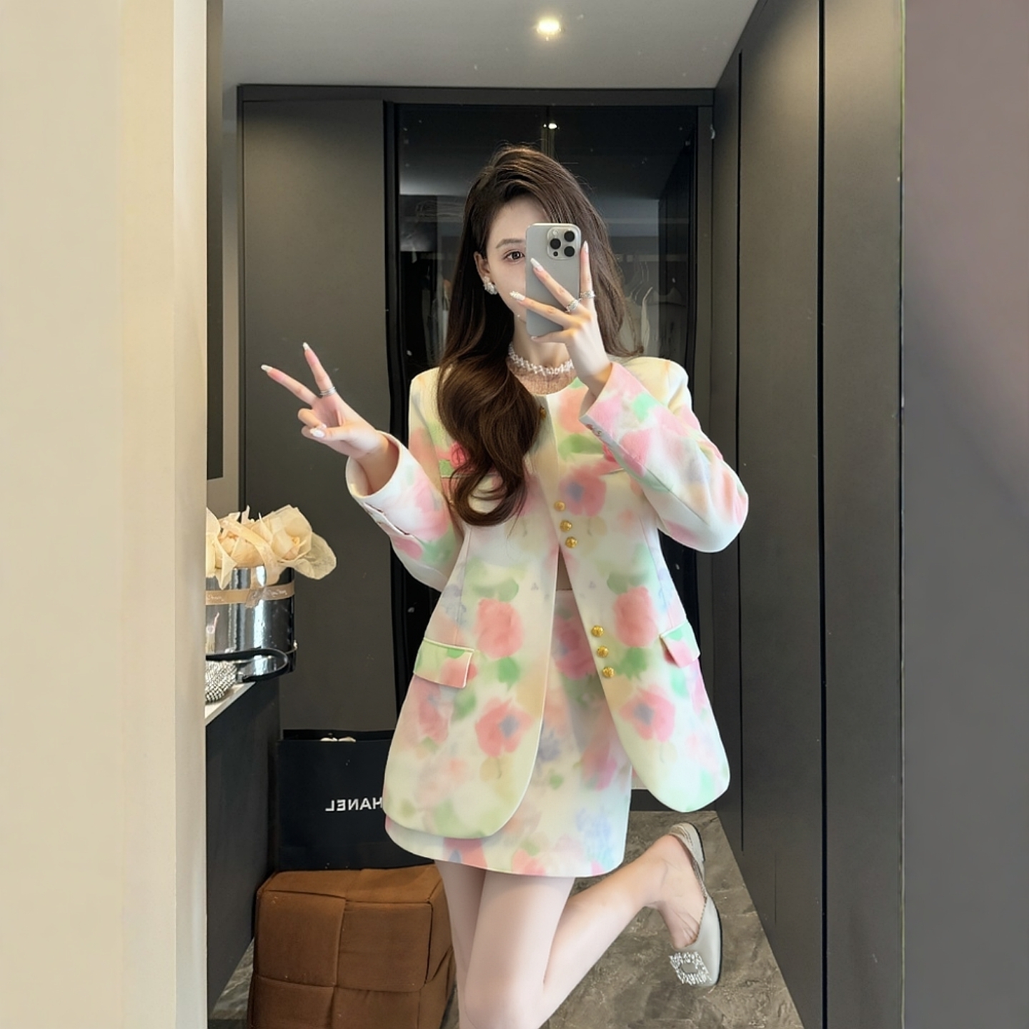 2025秋季女装新款名媛气质高级感超火减龄晕染印花百搭西装套装裙