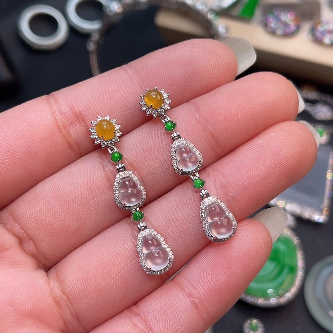 翡翠18K金镶嵌耳饰葫芦