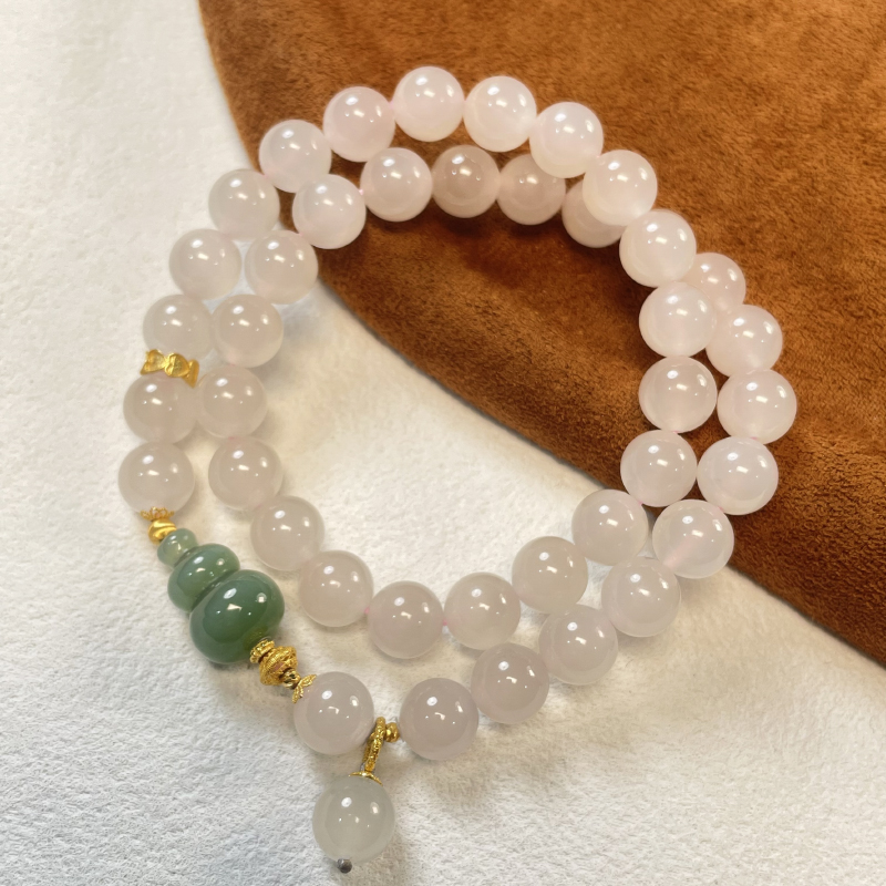 珠联帮【18K】和田玉0.8（荧光藕粉）+粉青葫芦双圈手串