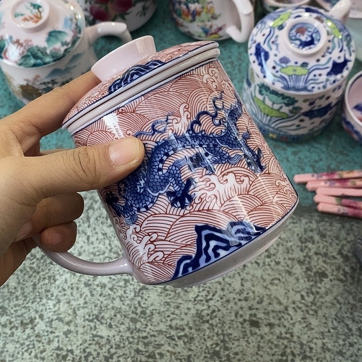 摆件陶红稀土青花釉里红龙办公杯