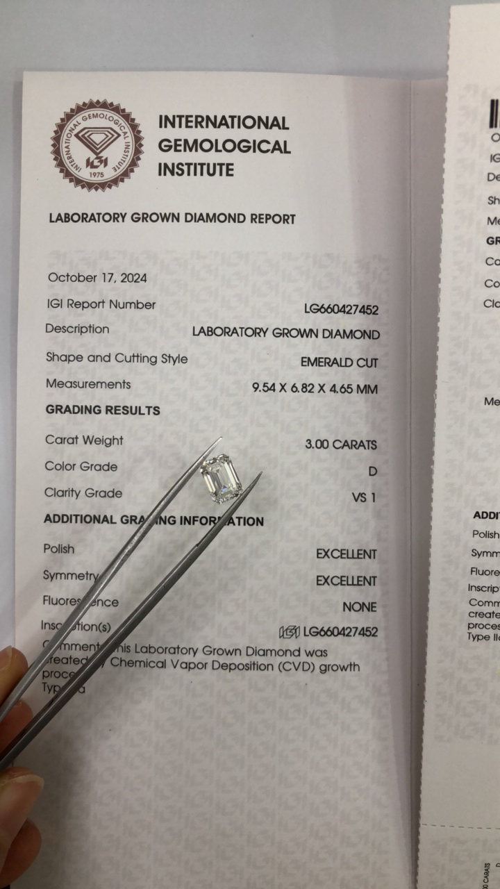 实验室培育钻石3ct祖母绿培育钻D色VS1