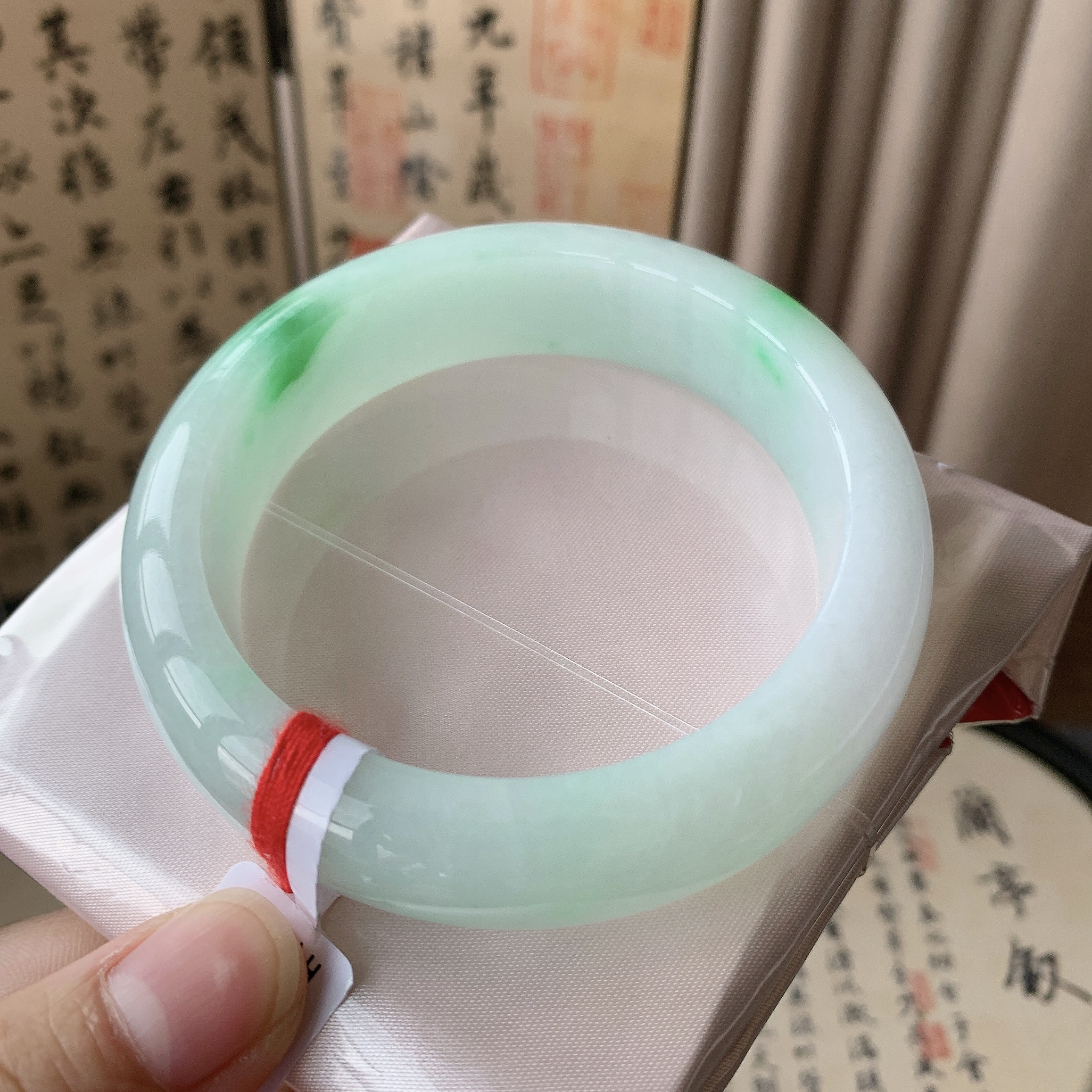 缅甸天然A货翡翠57-58圈口细糯化飘阳绿花轮胎正圈手镯女款0133