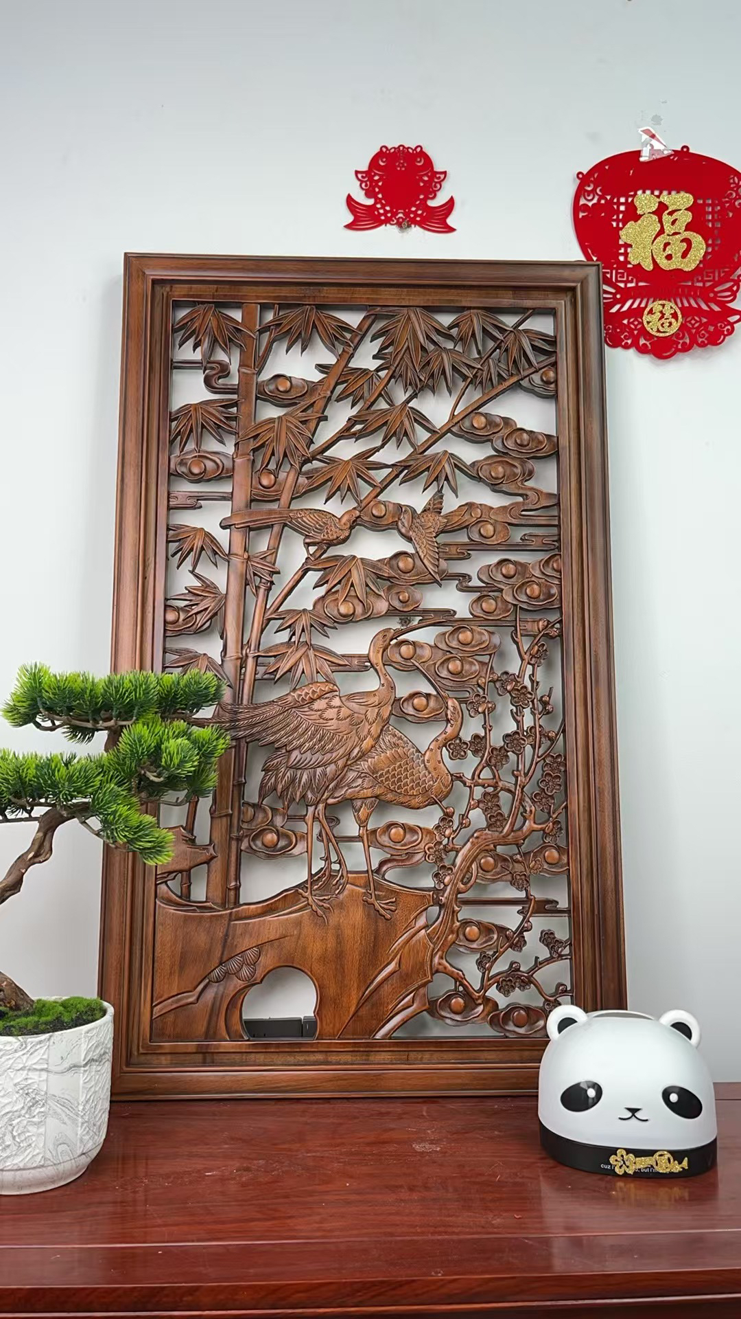 东阳木雕宽60cm*高100cm松鹤延年香樟木实木雕刻古色古香挂件