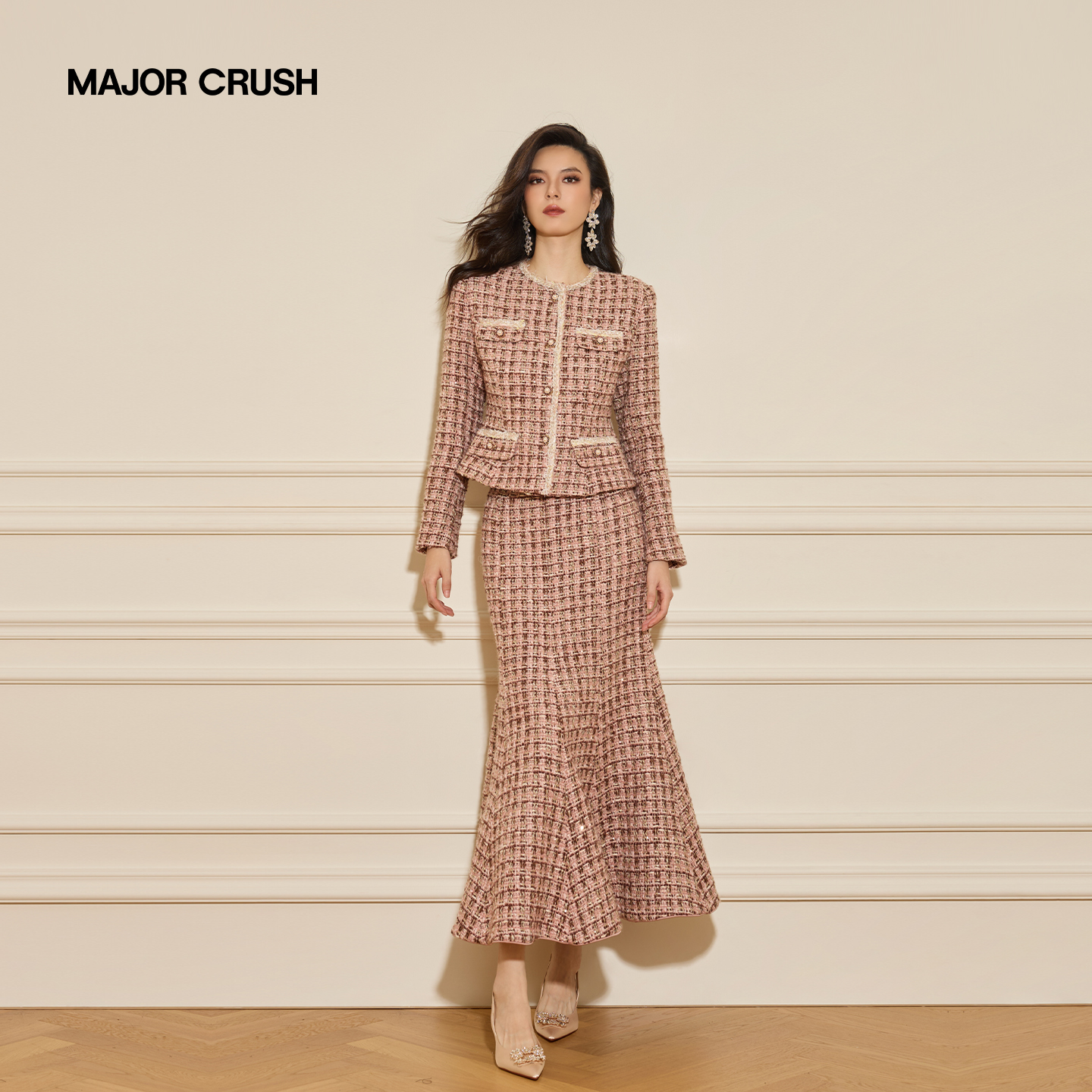 MAJOR CRUSH冬季新款洛神玫瑰时尚套装气质小香风高腰套裙67159