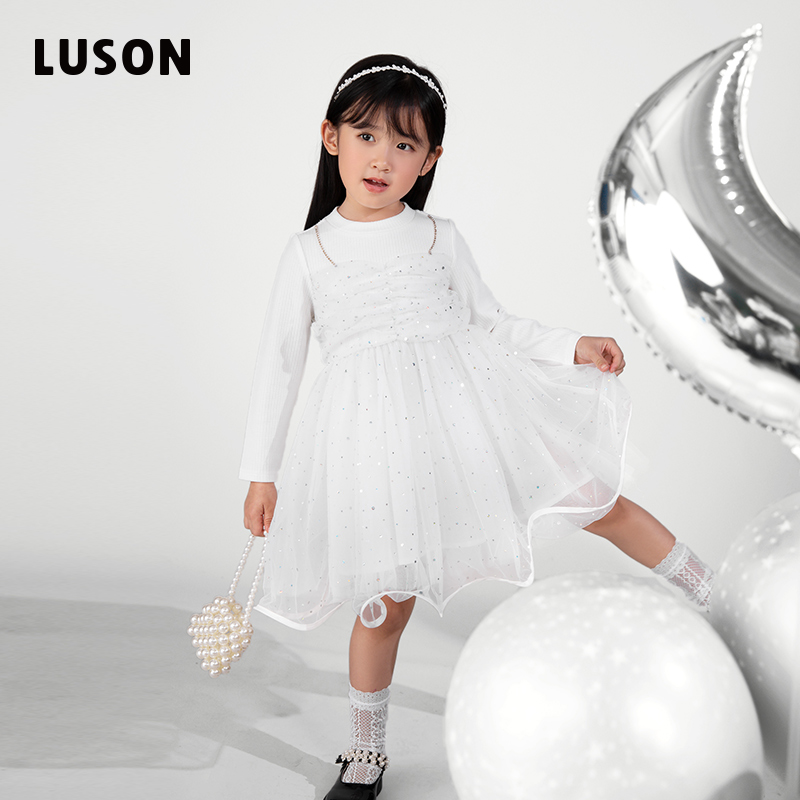 LUSON童装 陈大猪公主连衣裙2022新款小女孩白色高领裙子 GNC1246