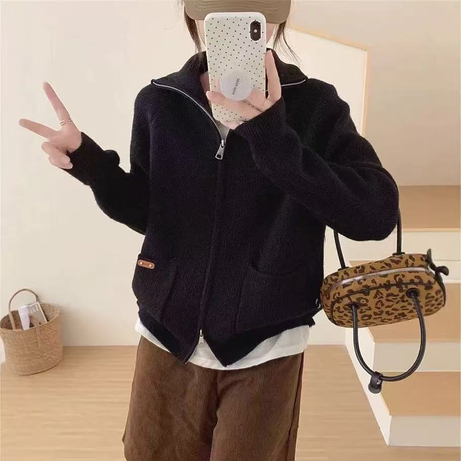 高领双拉链毛衣黑
