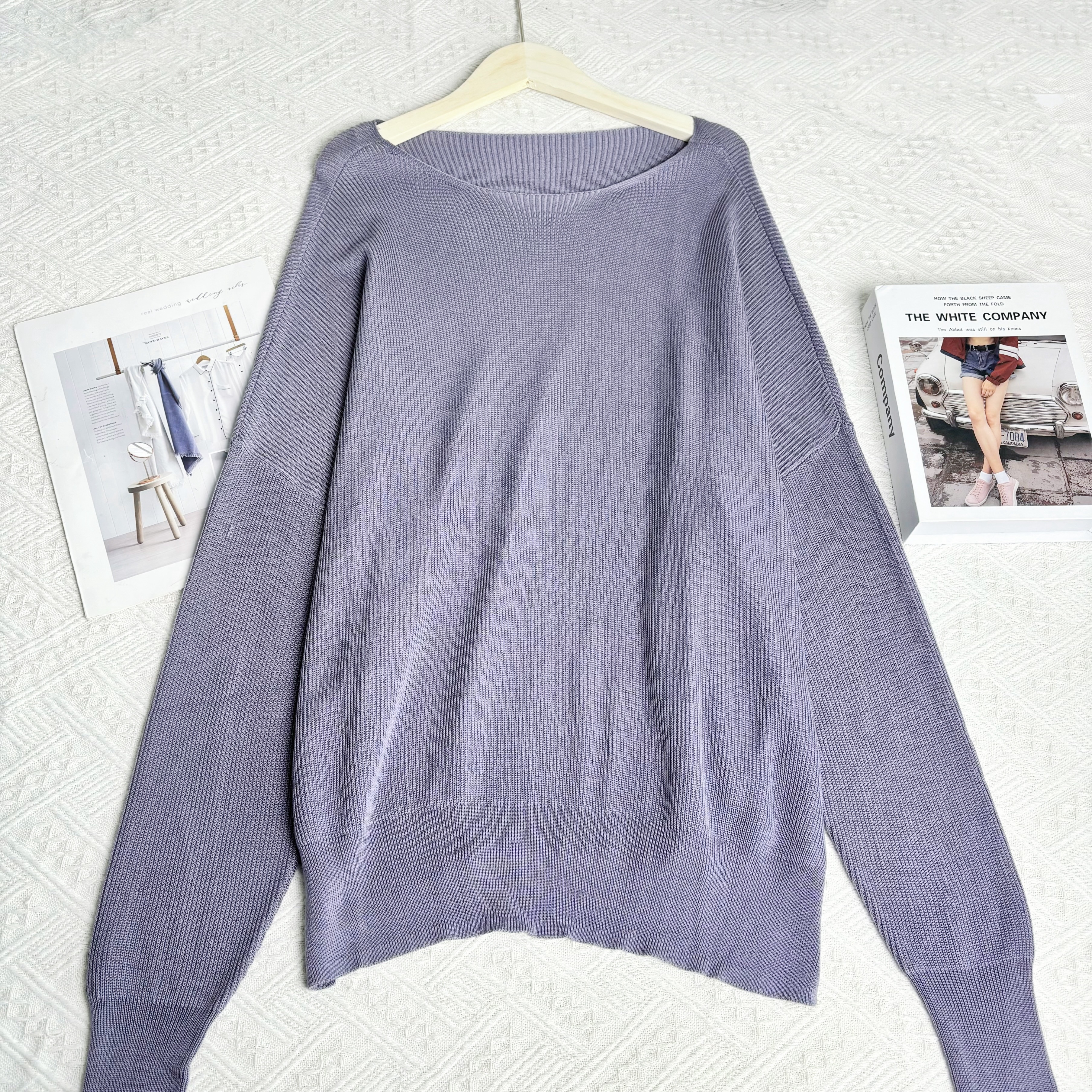 玲姐定制-圆领纯色开叉设计感下摆宽松休闲针织毛衣526117