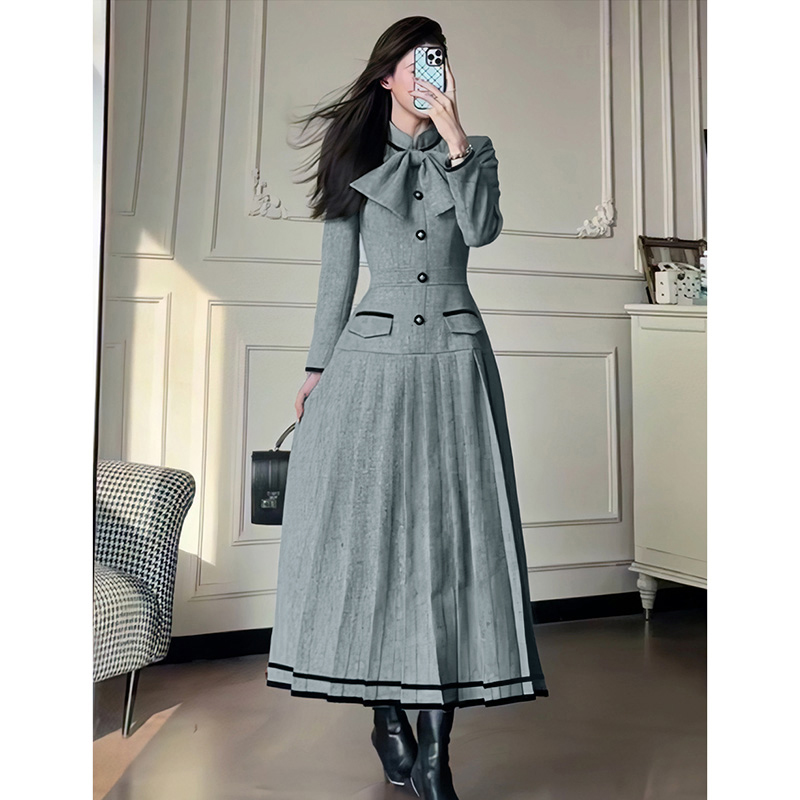 【有里布】气质高级感轻奢拼接蝴蝶结收腰连衣裙HY0163