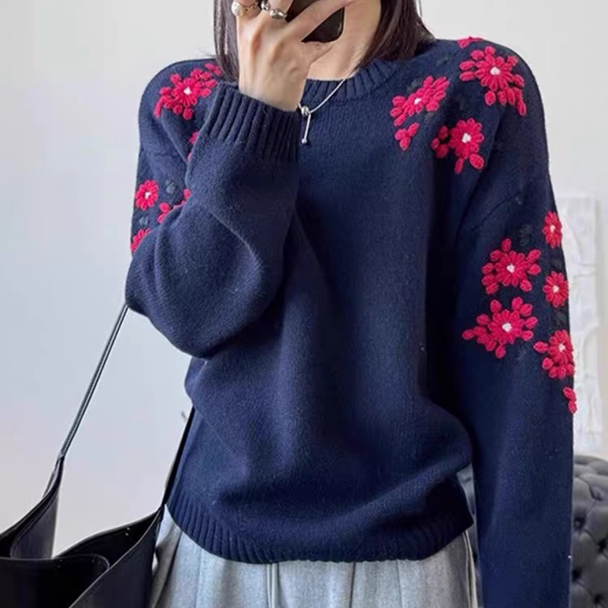 高端纯手工钩花撞色针织衫毛衣女25冬季新款加厚上衣慵懒风5211