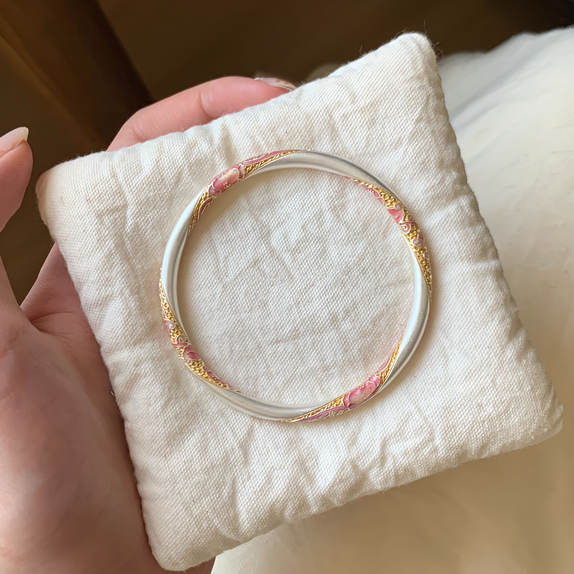 足银手镯 D22粉莲花珐琅手镯气质描金银镯子百搭国风新中式纯手工