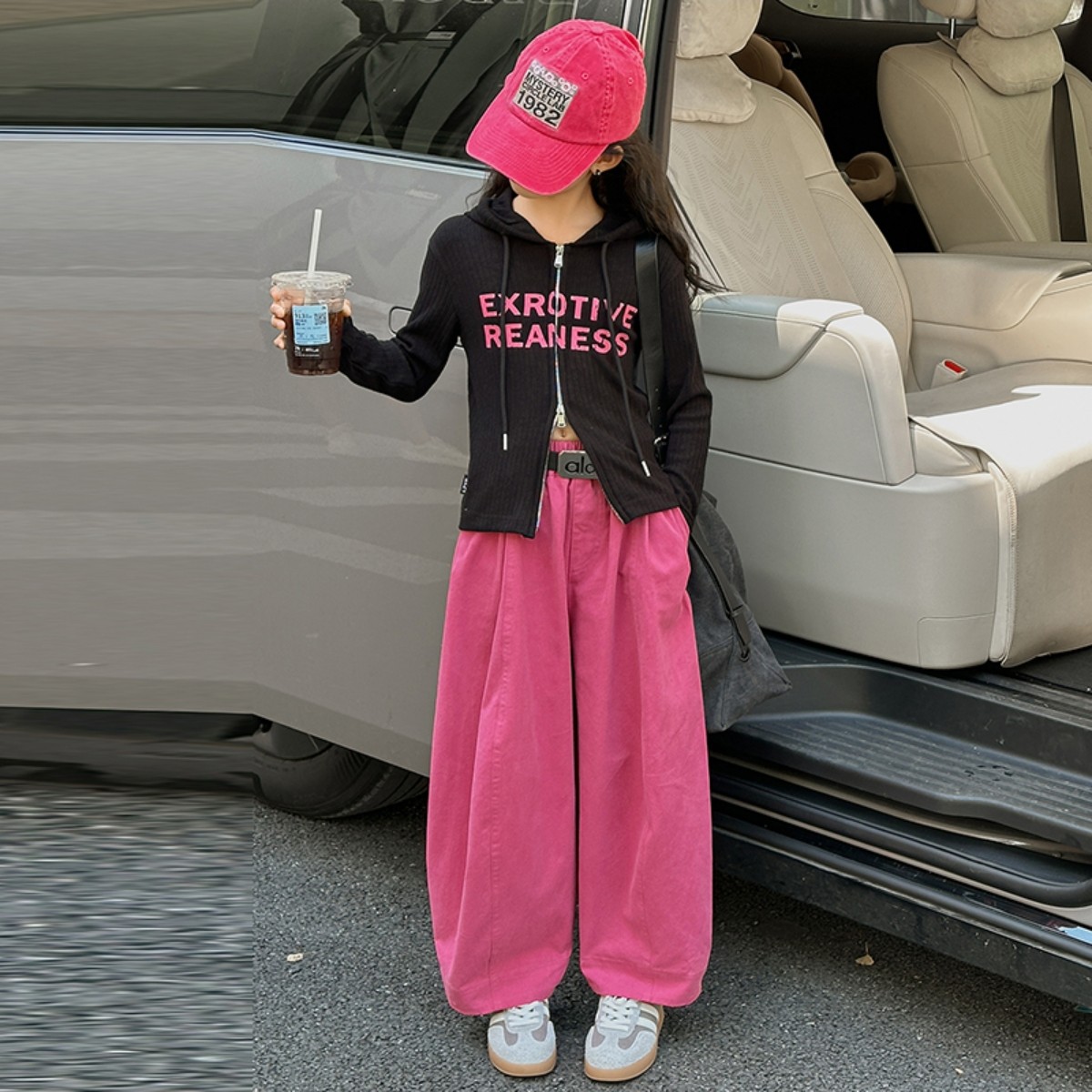 女春秋纯色潮酷字母套头拉链套装连帽长袖外套辣妹风宽松休闲秋季