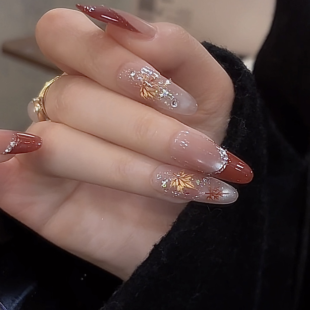 【枫叶红了-纯手绘】鹿鹿家-纯手工穿戴甲手绘猫眼枫叶法式跳色X