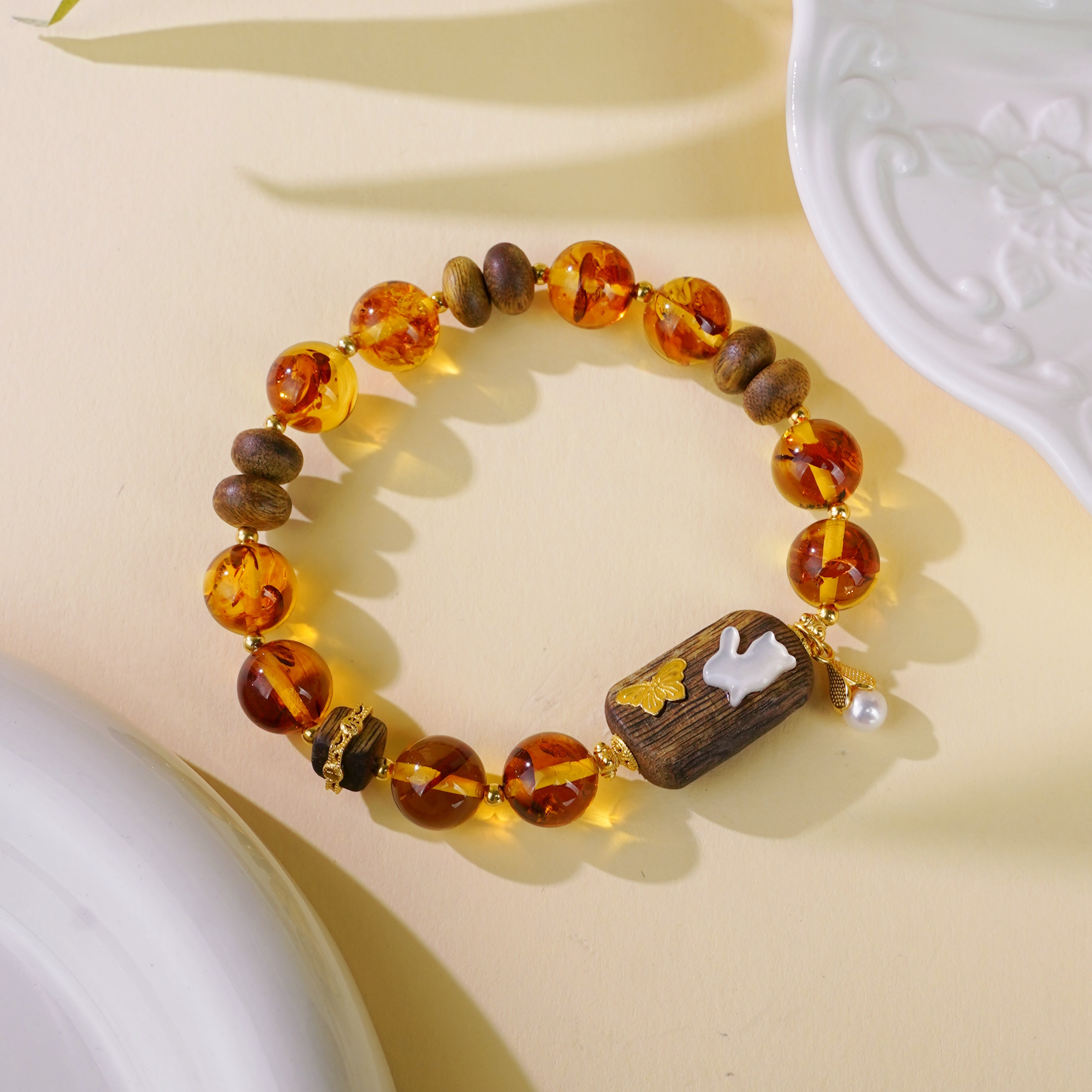 心悦印A02807琥珀花珀圆珠手串(多样性发一）