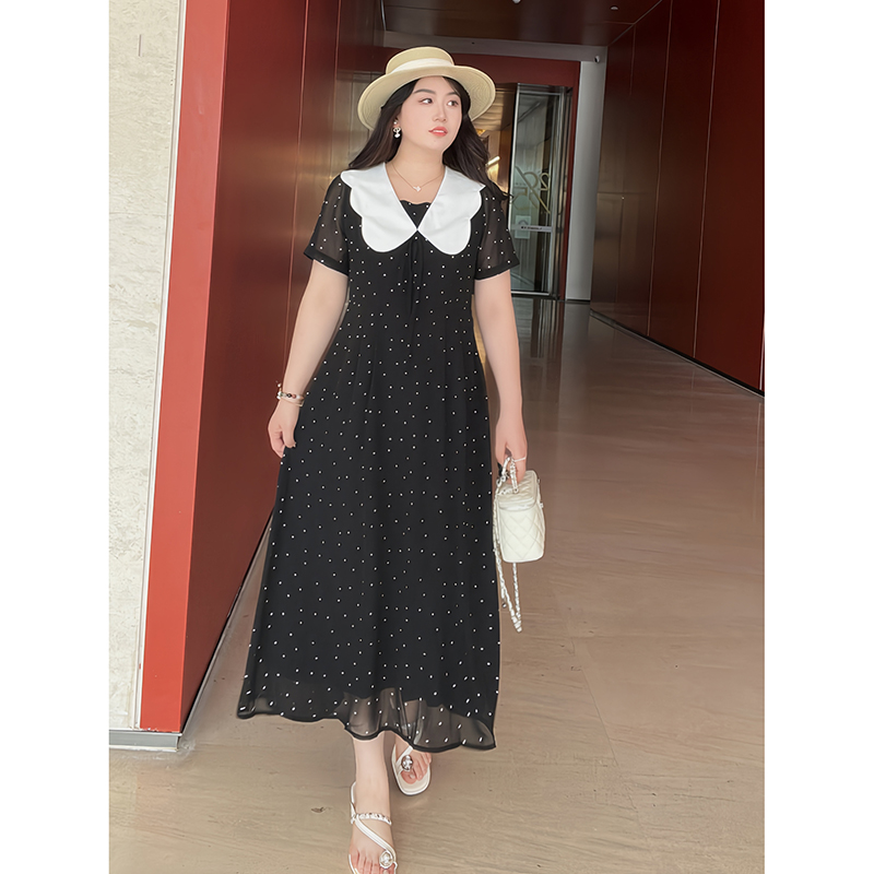 大码女装娃娃领波点连衣裙2025夏季新款高腰飘逸中长裙232419