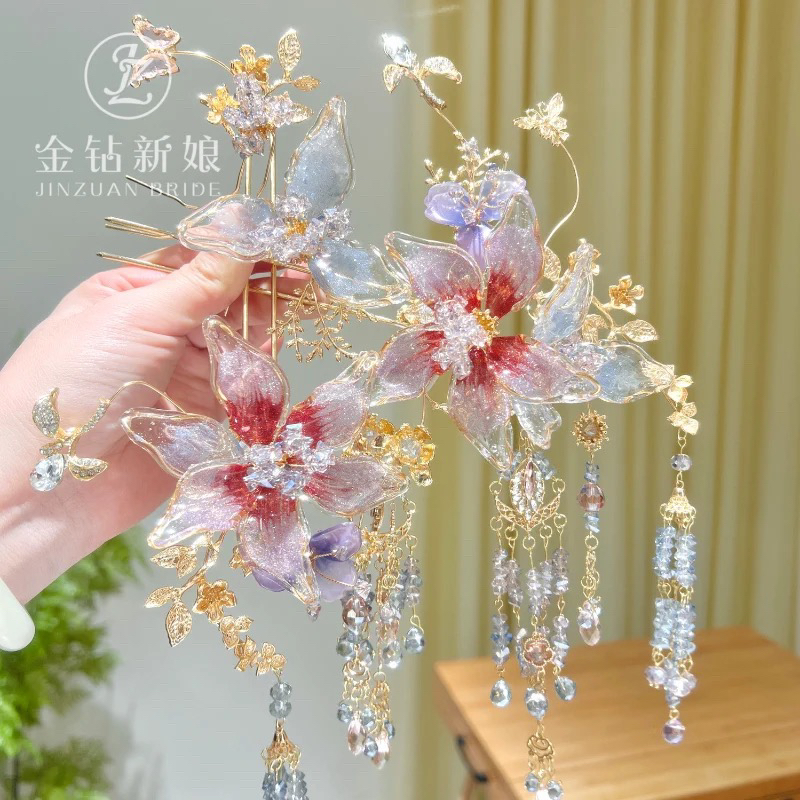 结婚头饰皇冠明制步摇古风流苏蓝色大气复古简约婚礼结婚百搭金色