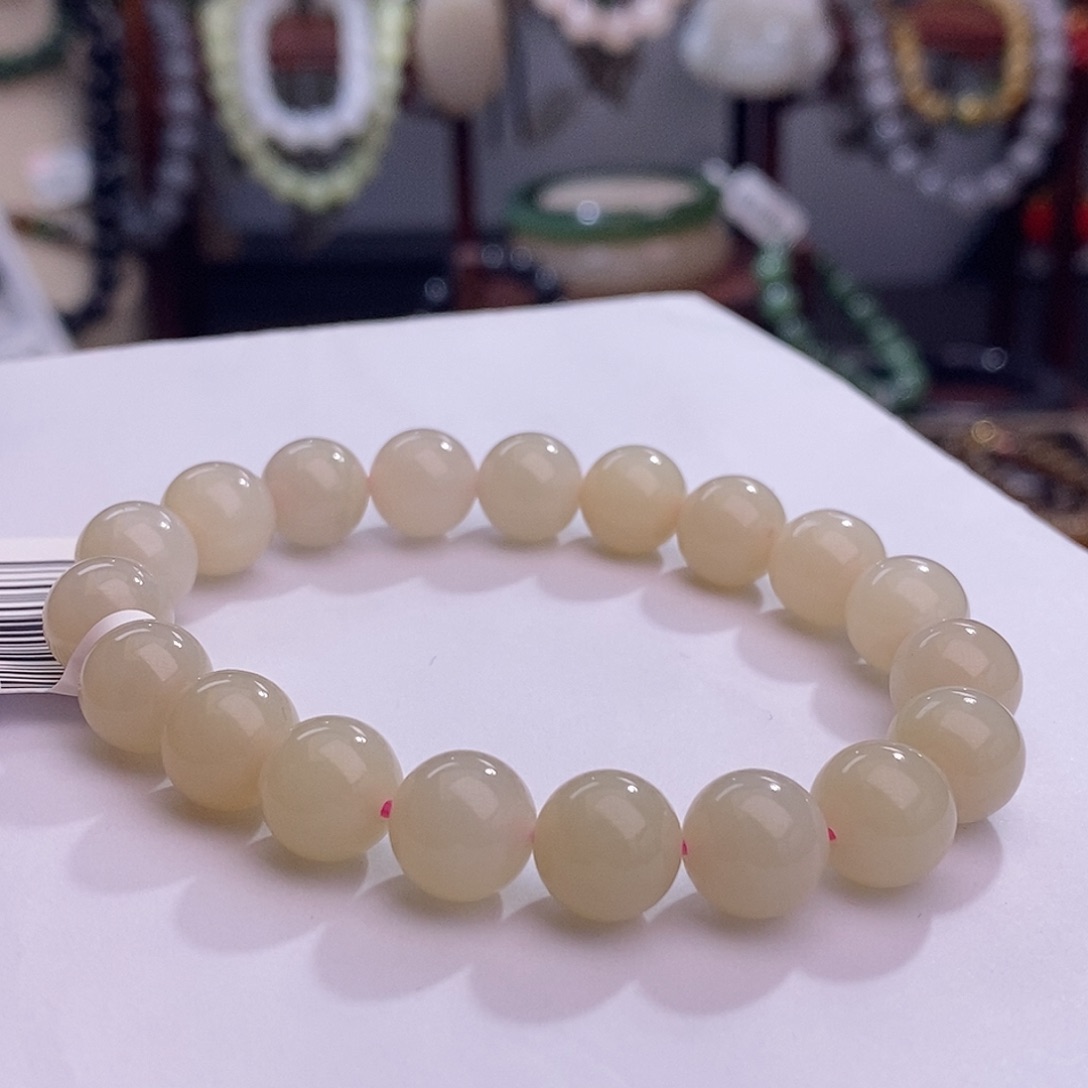 和田玉孤品老矿料藕粉羊脂级红粉圆珠手串10m未镶嵌