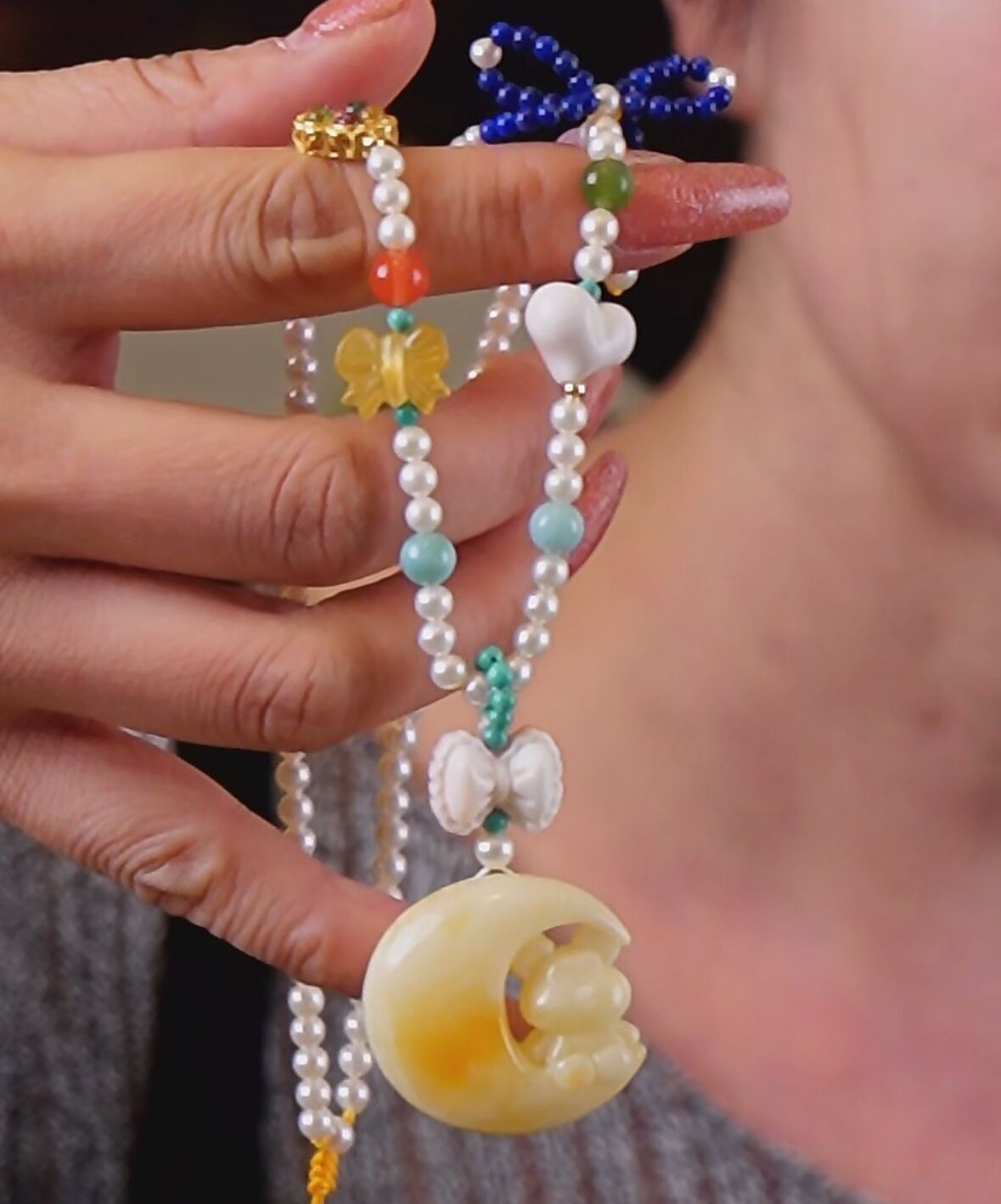 【宇涵珠宝】蜜蜡月亮熊DIY珍珠项链-多样性发