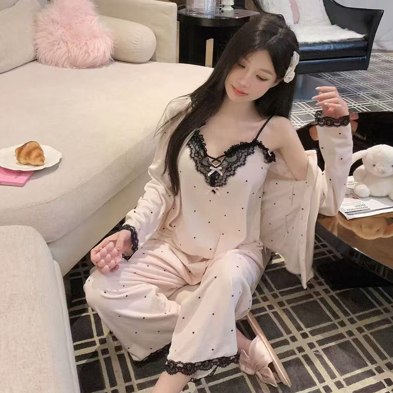 秋冬新款海岛绒性感蕾丝吊带长袖三件套带杯垫保暖舒适女睡衣2649