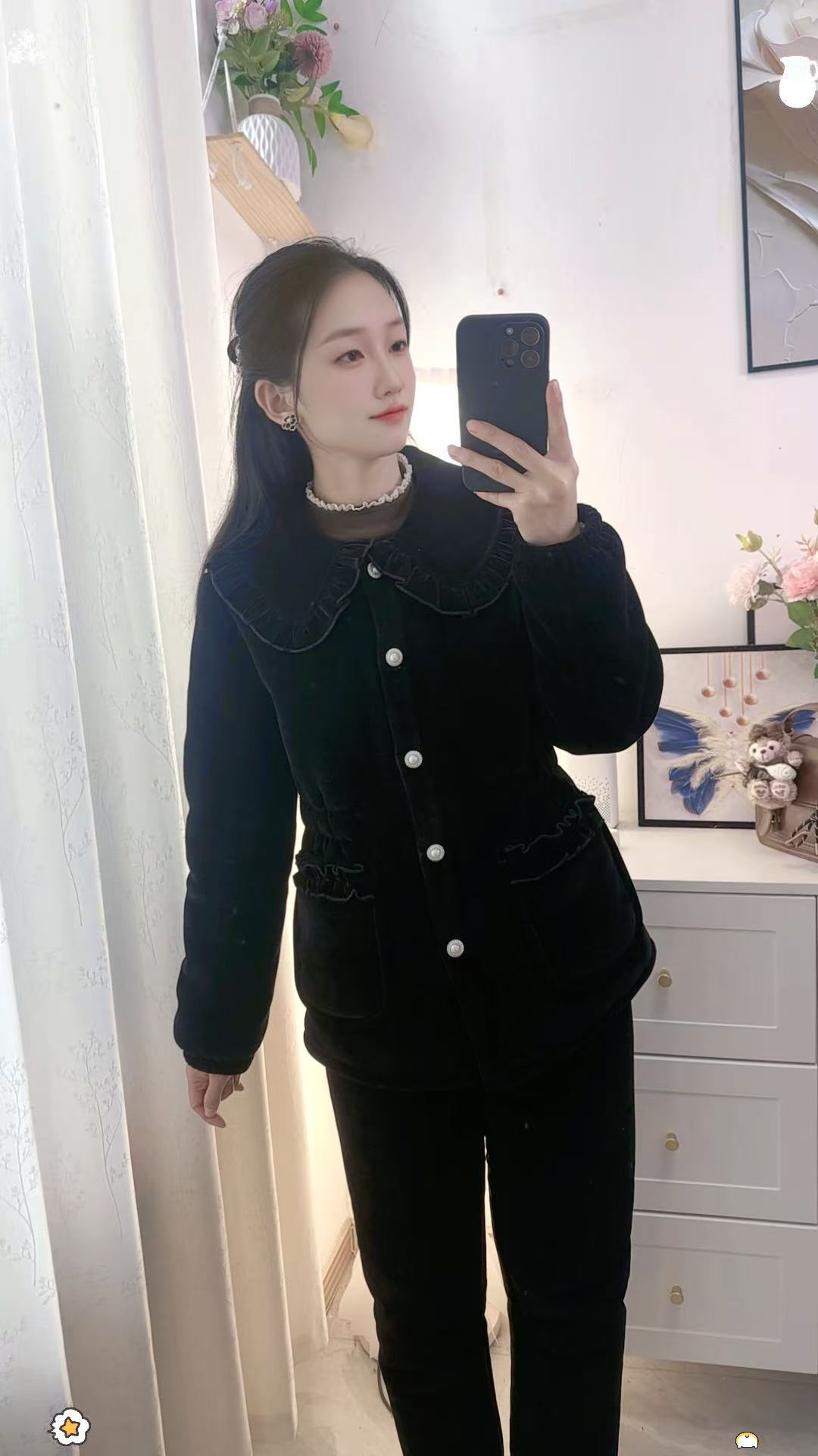 《黑花边娃娃领》外穿冷冬休闲睡衣家居服保暖套装01