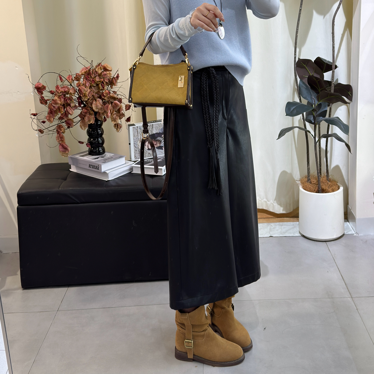 （特）高级感小个子高腰宽松显瘦秋冬八分阔腿皮裤