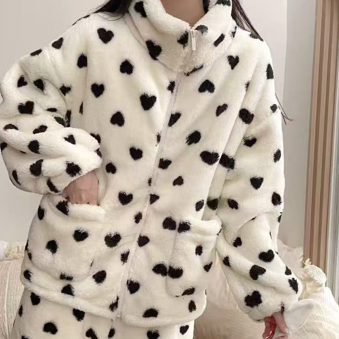冬季加厚波点长毛雪胖绒可外穿女士韩版可爱家居服套装
