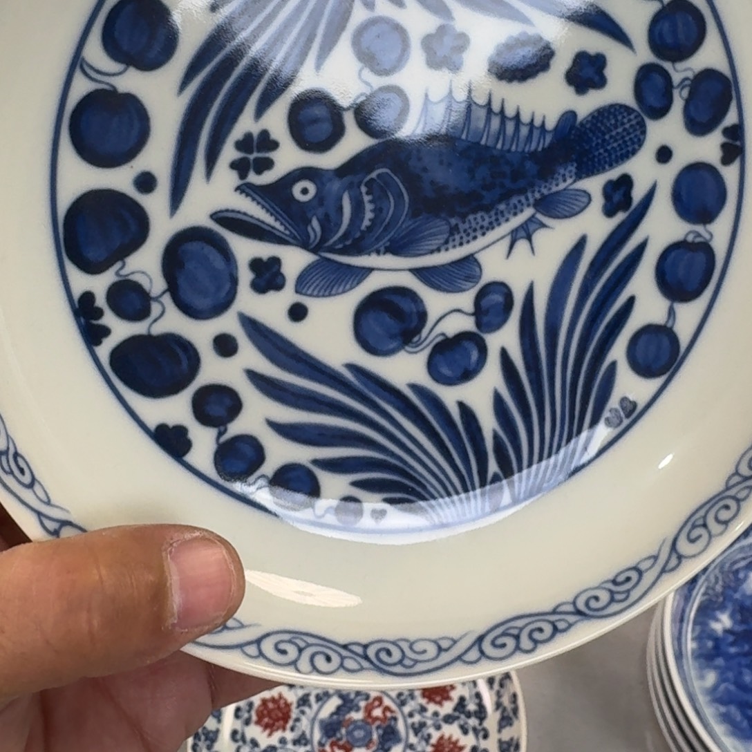 摆件陶青花鱼藻纹大壶承