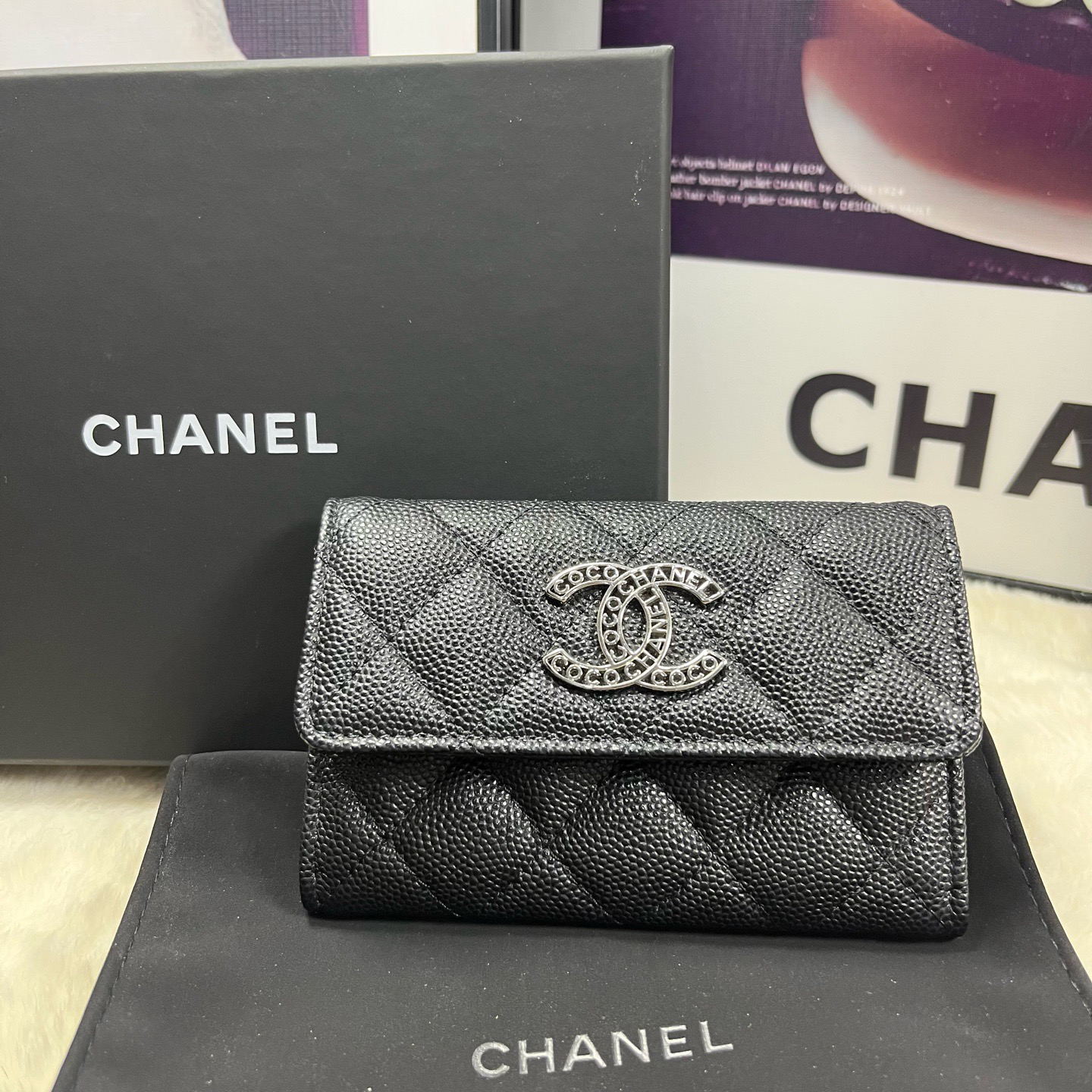 未使用 Chanel/香奈儿 香奈儿24p黑银荔枝牛卡包（未使用全套）