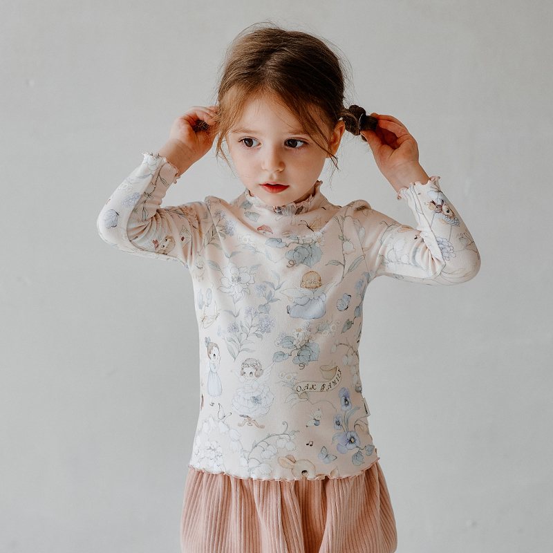 OAK FAMILY秋季女宝宝长袖上衣木耳边半高领修身T恤打底衫