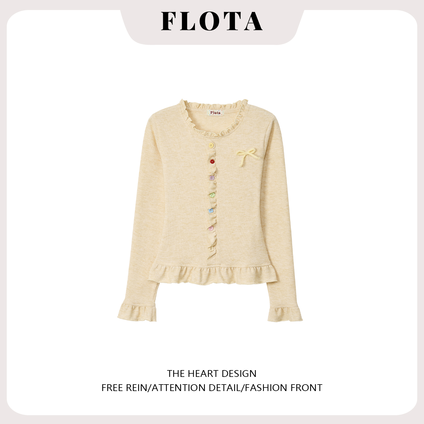 【flota】多巴胺纽扣花边拼接长袖秋季法式温柔修身显瘦上衣女2375