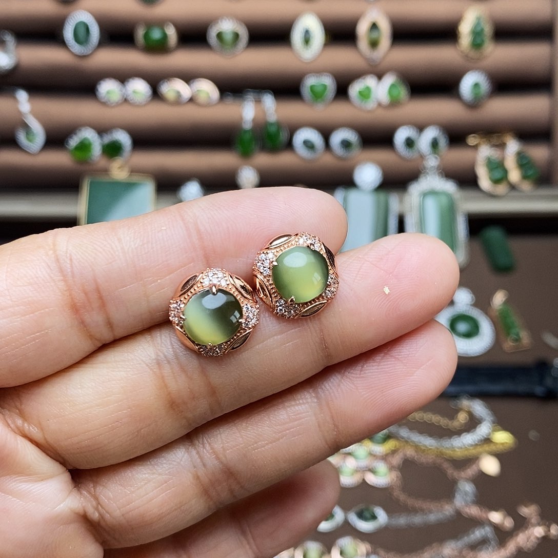 吊坠(不含链)银S925镶嵌和田玉（碧玉）耳饰