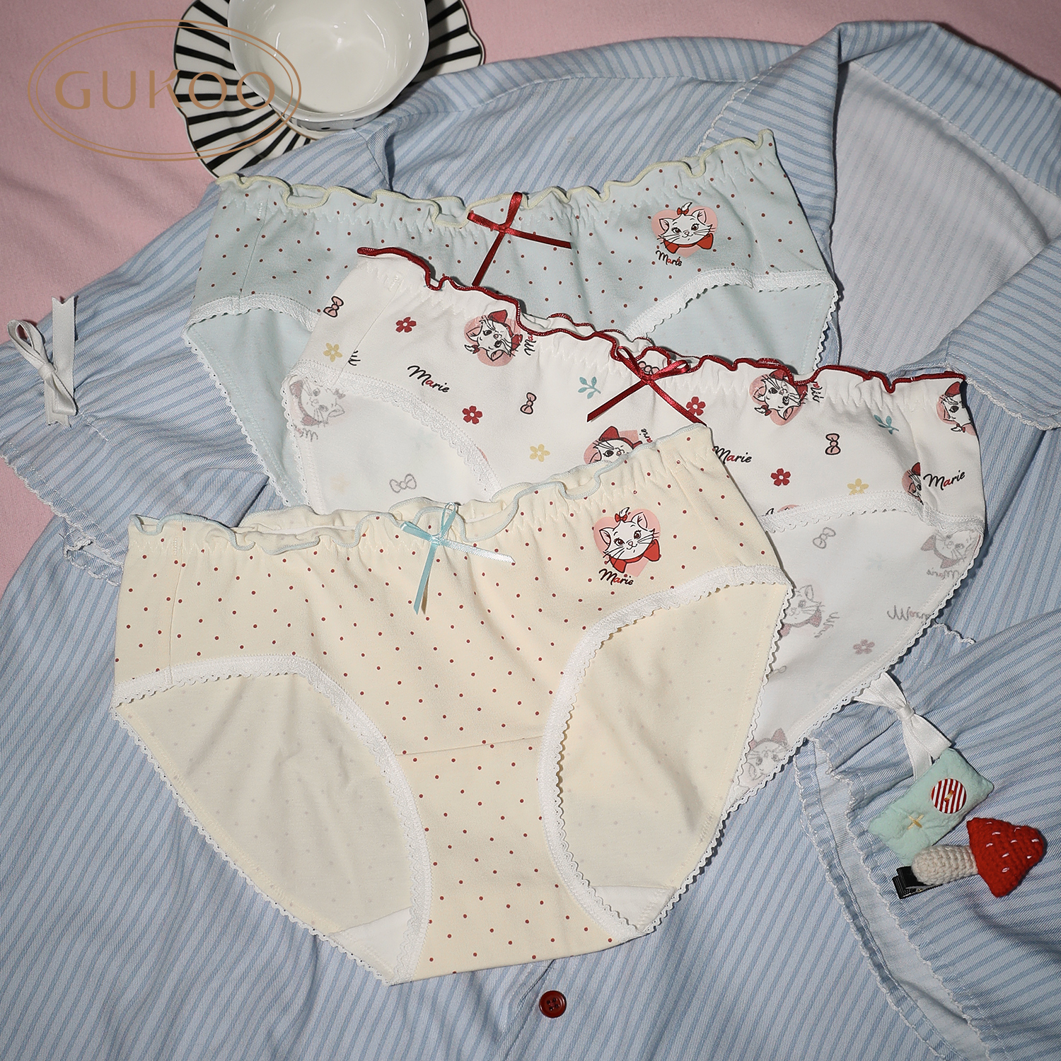 Gukoo/果壳迪士尼玛丽猫中腰少女风女三角内裤组合装卡通