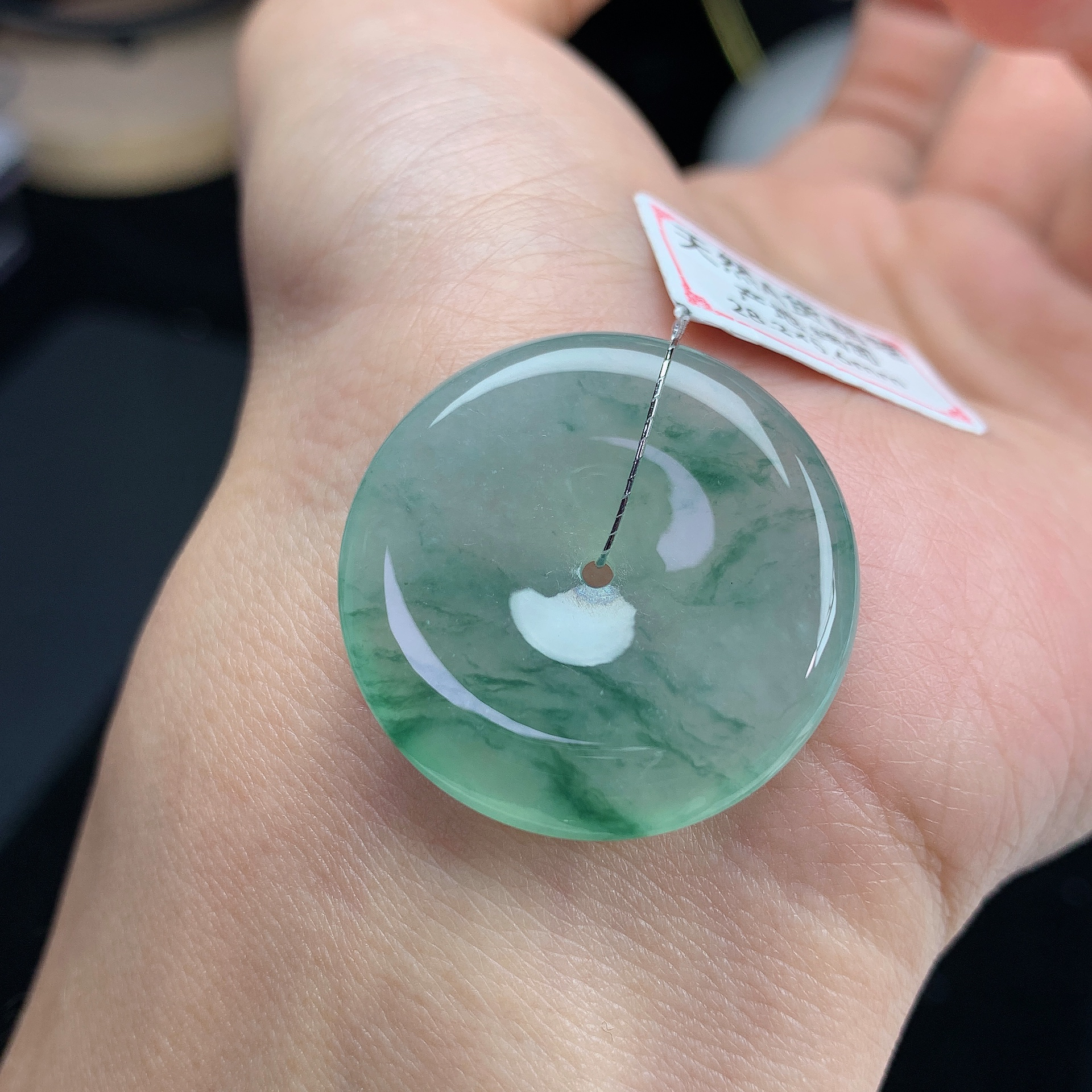 28.2×5.6mm缅甸天然A货冰飘花平安扣吊坠玉石玉扣正品带证书