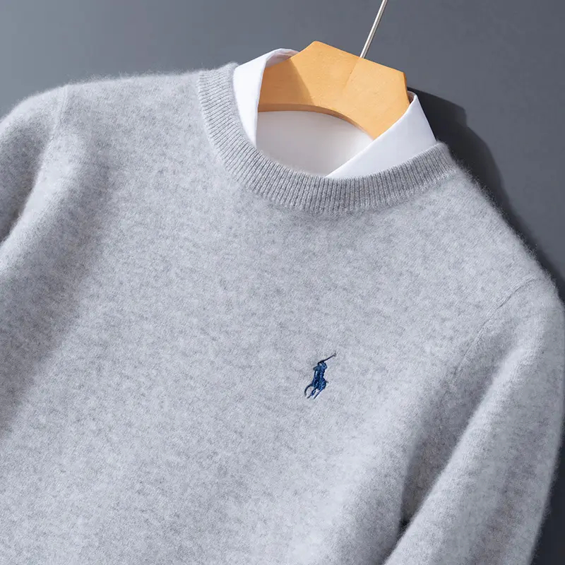 高定款！100澳洲羊毛衫秋冬新款男圆领套头纯色刺绣马长袖百搭-6