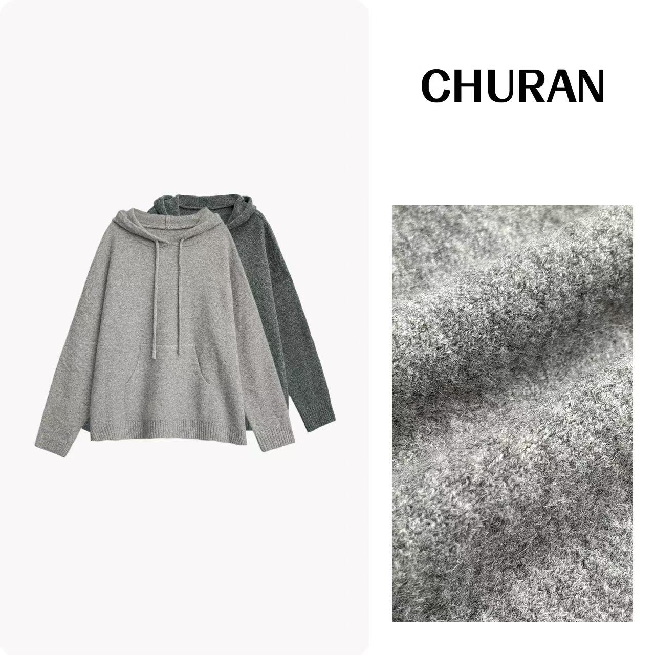 CR 韩版秋冬季纯色磨毛连帽针织毛衣保暖潮流宽松外套女8940