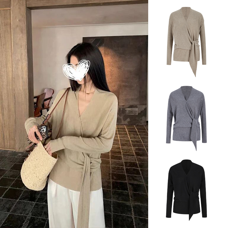 Moses Queen/魔西女王慵懒风v领针织衫设计交叉绑带微胖穿搭上衣