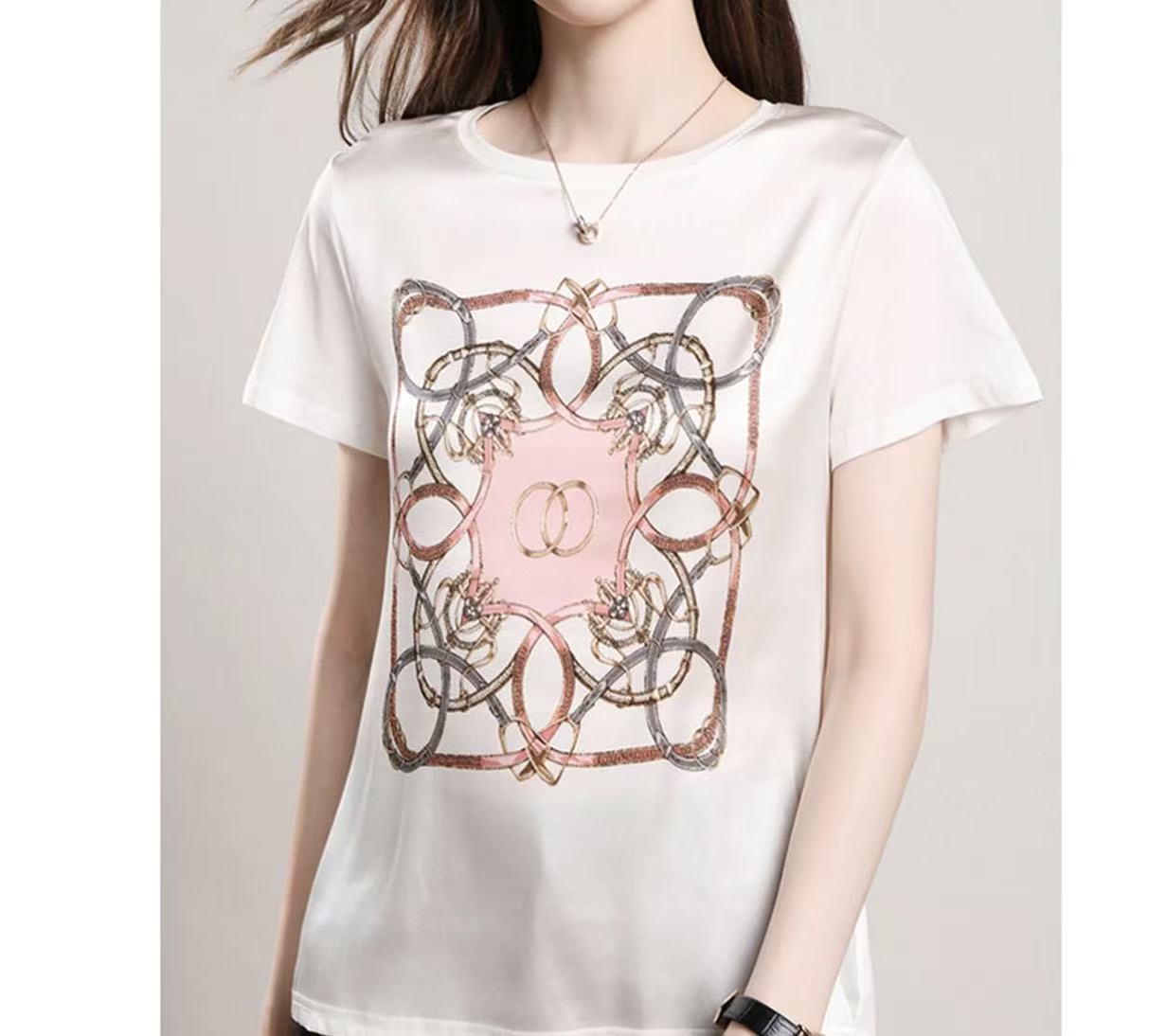 （翠花宠粉）短袖通勤印花竹节麻女款圆领T恤常规直筒型修身型