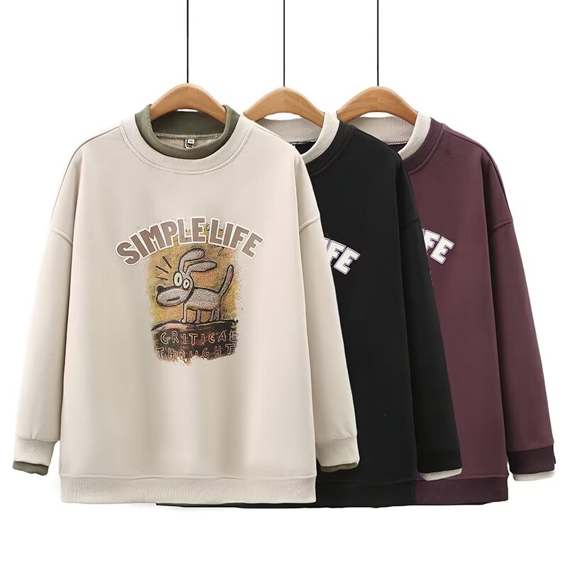 YF7107双层领加绒卫衣大码女装卡通印花保暖套头衫休闲上衣显瘦冬