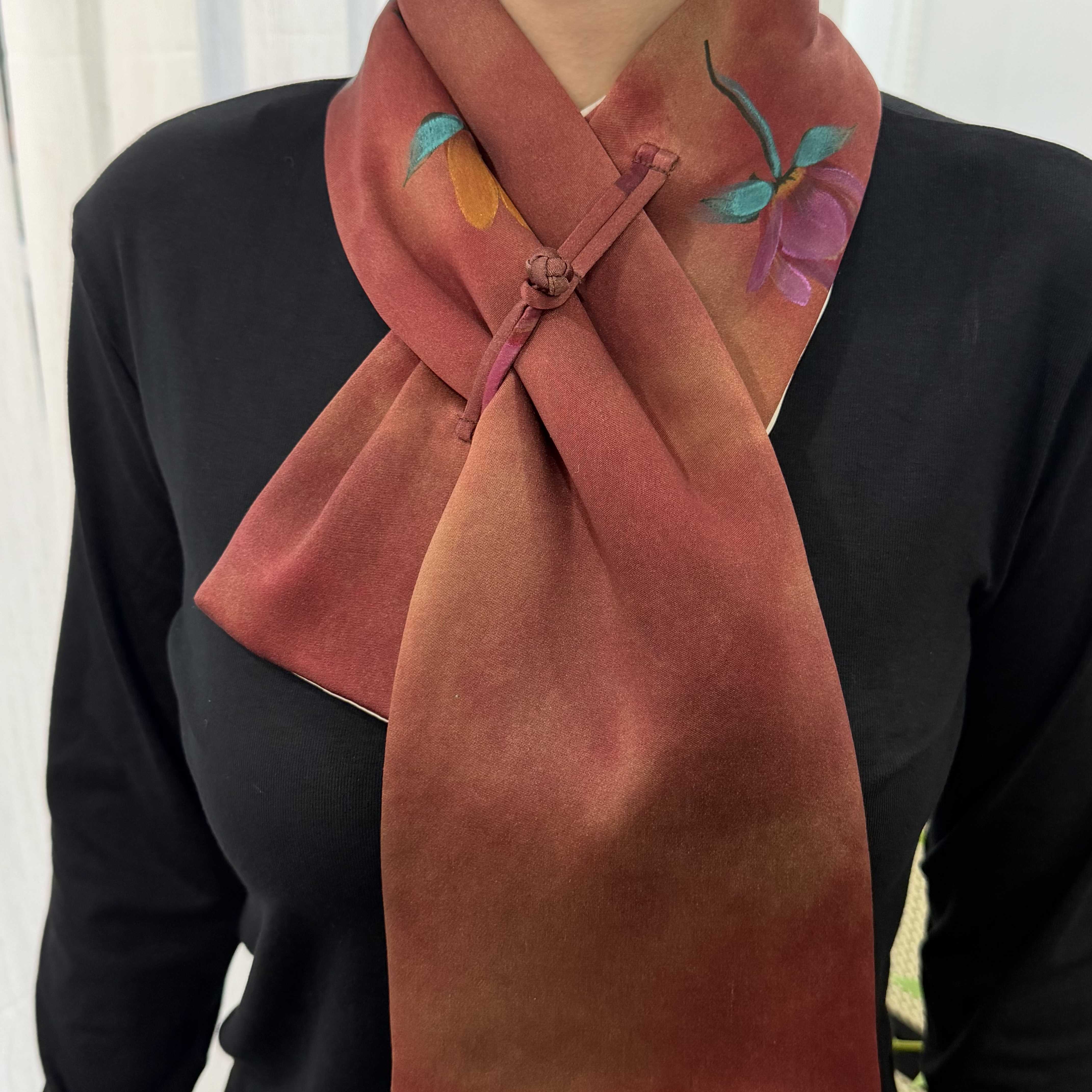 【天莨阁】 原创 粉色手绘前喷香云纱双面缎 围脖 面料DIY 90*15cm