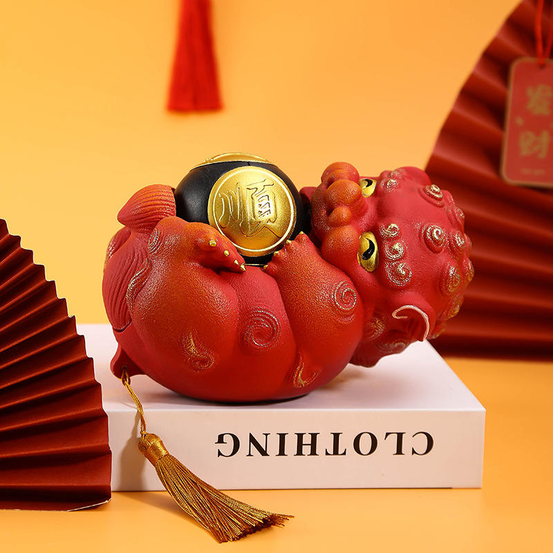 中式国风潮玩可爱狮子招财茶玩摆件时来运转创意家居桌面生日礼物