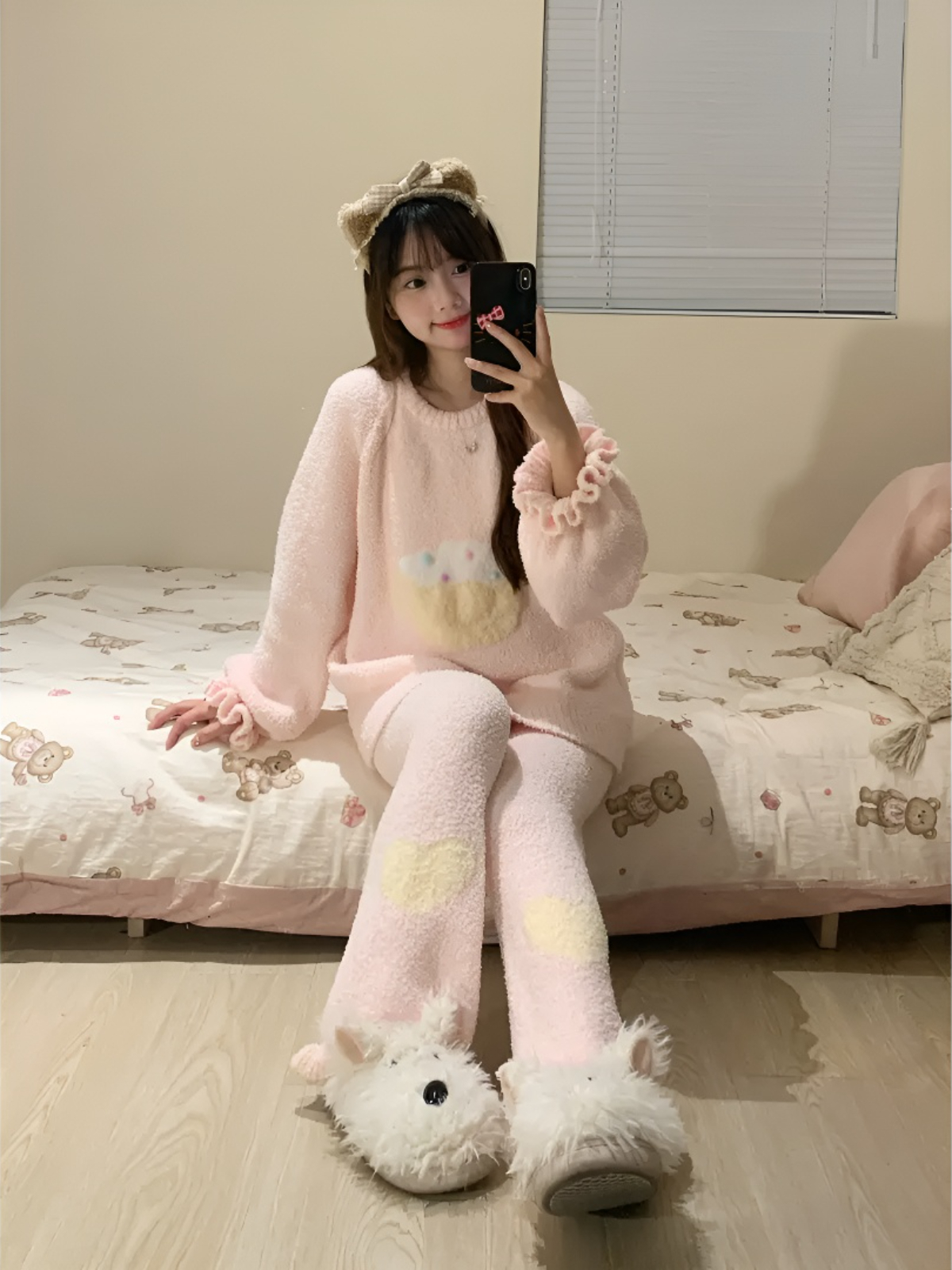 韩版可爱少女风格针织半边绒加厚保暖睡衣女秋冬季家居服套装