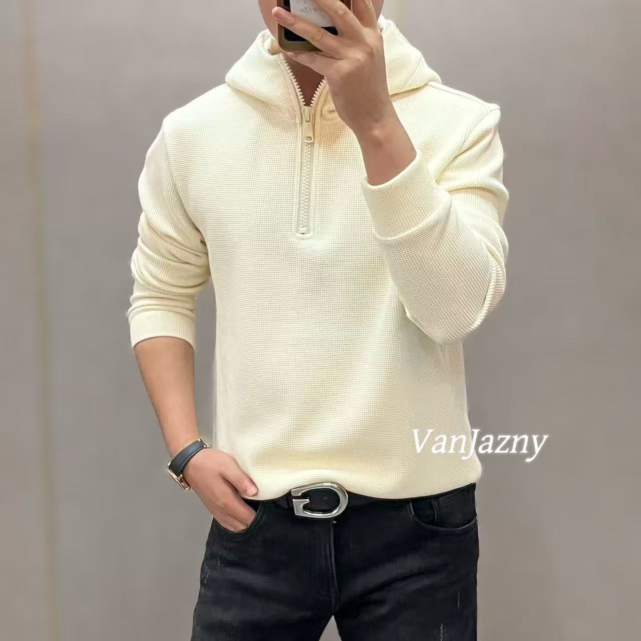 【VanJazny】新款高端简约男士半拉链针织连帽卫衣5101