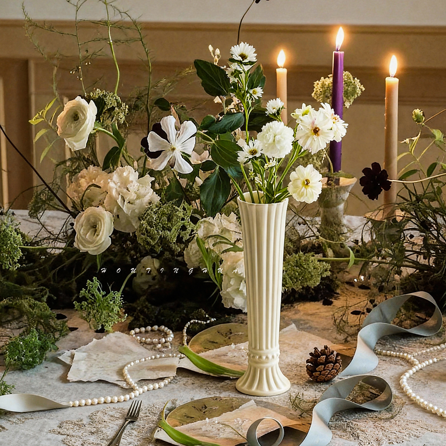 法式烛台造型单支陶瓷花瓶白色竖条纹水养鲜切花简约客厅装饰摆件