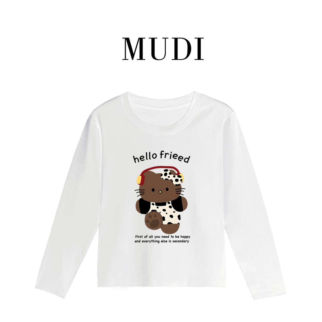 kitty猫印花圆领长袖高级感时尚T恤女2025夏季轻薄款宽松上衣潮