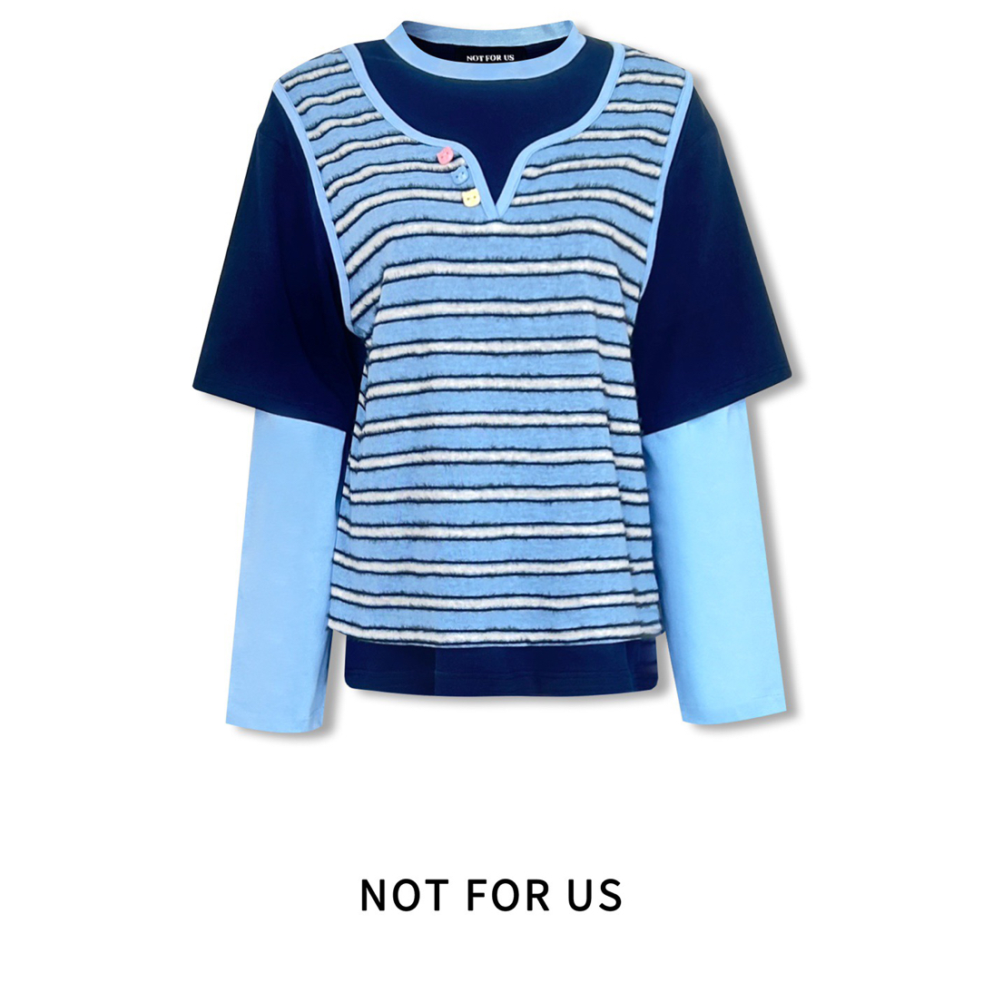 NOT FOR US｜新款上新藏青色蓝条纹假两件圆领套头长袖T恤