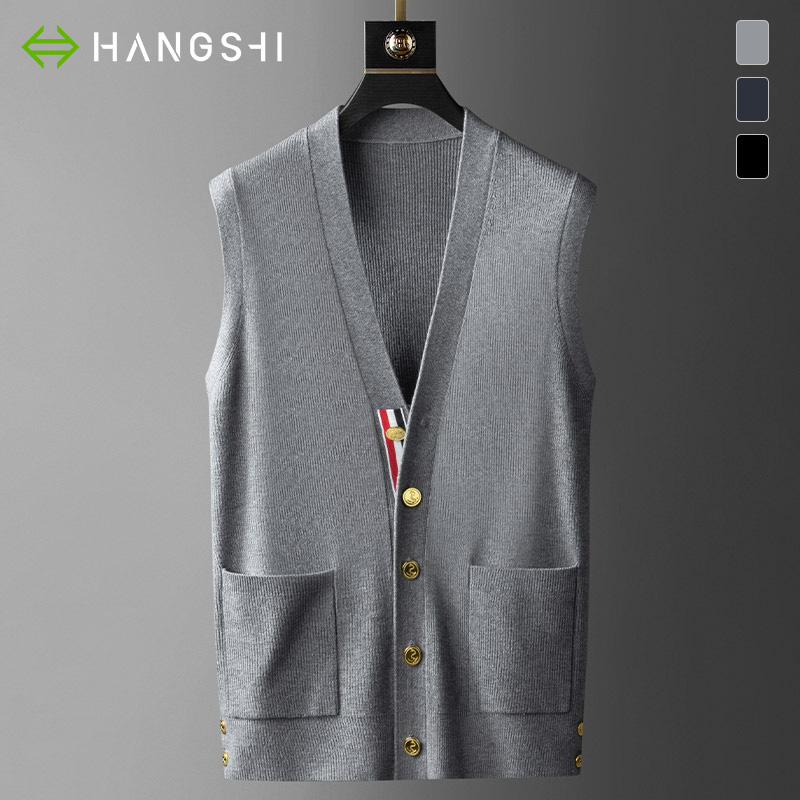 HARSIINCN/杭仕针织V领背心外套男士秋季休闲条纹坎肩开衫毛衣